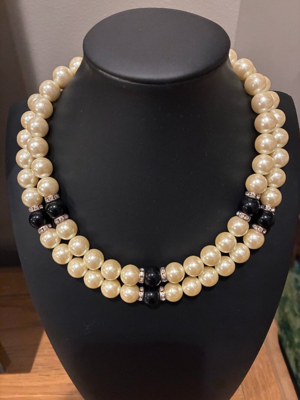 Vintage Double Strand Pearl Necklace Black Onyx Beads Rhinestone Rondelles 18"